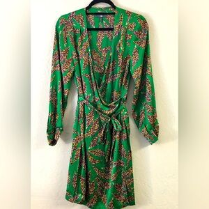 Cotelac Long Sleeve Wrap Dress Size 4 Green Floral Silky Lightweight